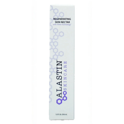 A tall, narrow white box for Alastin Skincare Regenerating Skin Nectar, featuring purple and black text and molecular graphics on a plain white background.