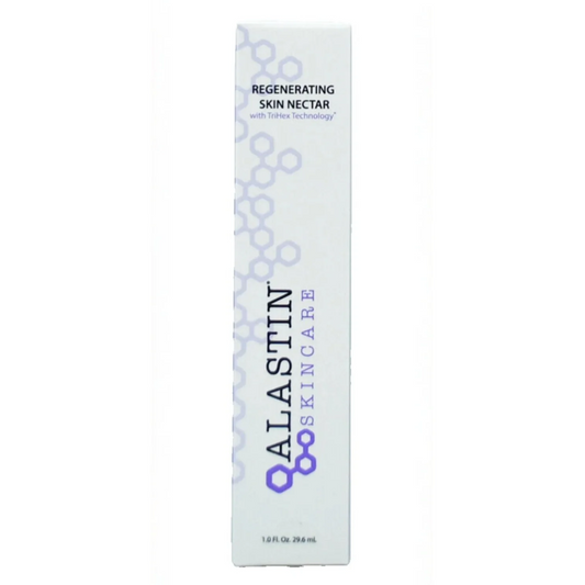 A tall, narrow white box for Alastin Skincare Regenerating Skin Nectar, featuring purple and black text and molecular graphics on a plain white background.