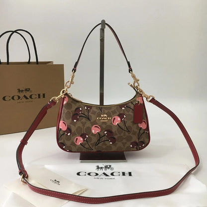 NWT COACH CY694 Teri Shoulder Bag Signature Canvas Cherry Print Tan Brown Outlet