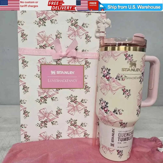 Short Title: Stanley x LoveShackFancy Quencher 40 oz Pink Butterfly Tumbler